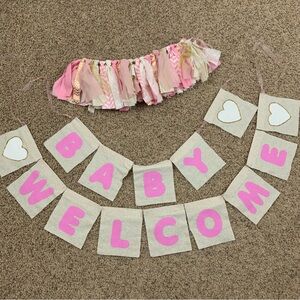 Welcome Baby Banner and Garland Girl Pink Gold Burlap